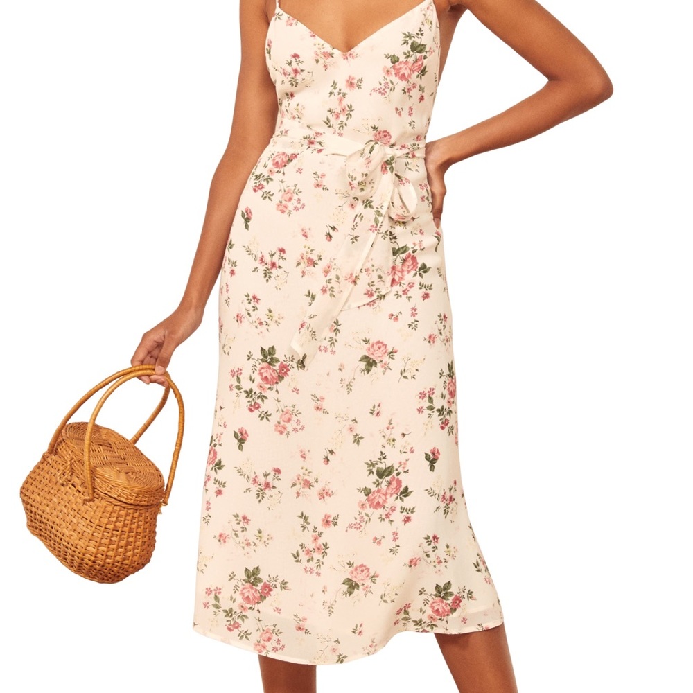 Reformation Floral Midi Dress in Cream and Pink